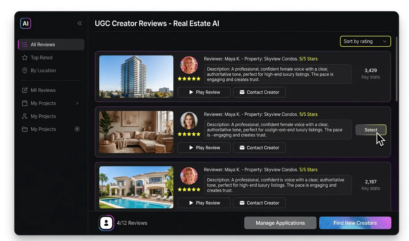 reviews of ai ugc video creators for real estate main interface dashboard